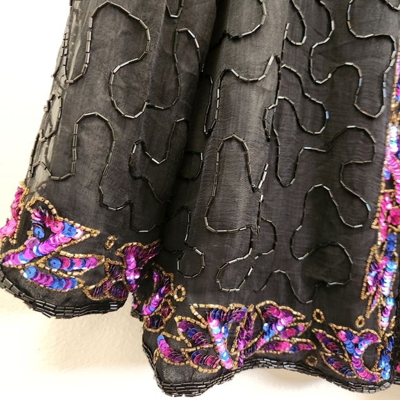 Vintage J.M.C. Silk Jacket Open Front Beaded Sequins Long Sleeve Black Size 1X - Picture 6 of 15